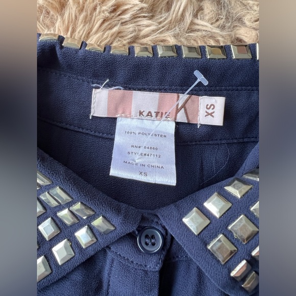 Katie k Sexy Metallic Studded Collar Navy Blue Shirt size Xs - Picture 8 of 8